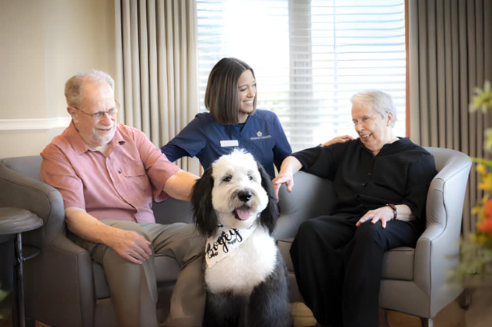 Residents sitting with staff member and dog