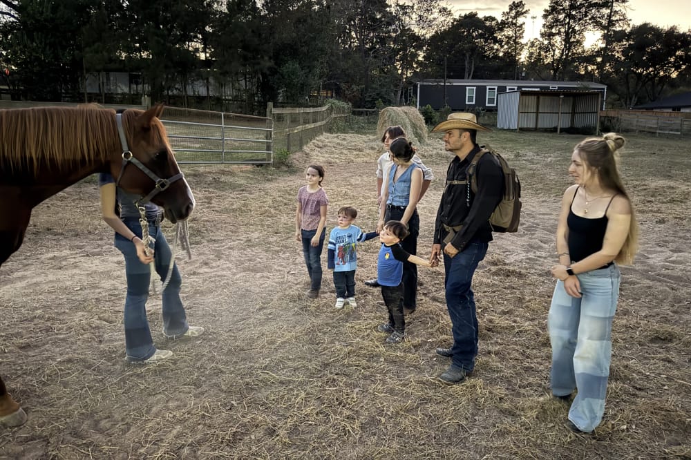 People gathered around a horse at Twisted Trail Ranch