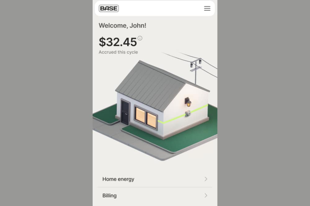 base energy home screen showing how much someone's electric bill is