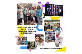 Aire Serv of Houston Northwest team posing and bowling at the Cy-Fair Chamber Ten-Pin Challenge, where they won the Best Dressed Team award for 2024.