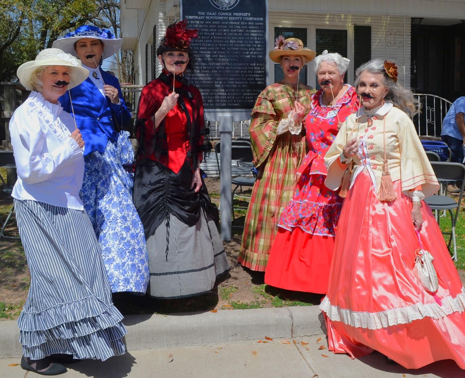 REBEL JOAN OF ARC DOCENTS NEXT TO TX HISTORICAL MARKER, WITH ISAAC CONROE “MUSTACHES”, AT CONROE FOUNDER’S DAY CELEBRATION!