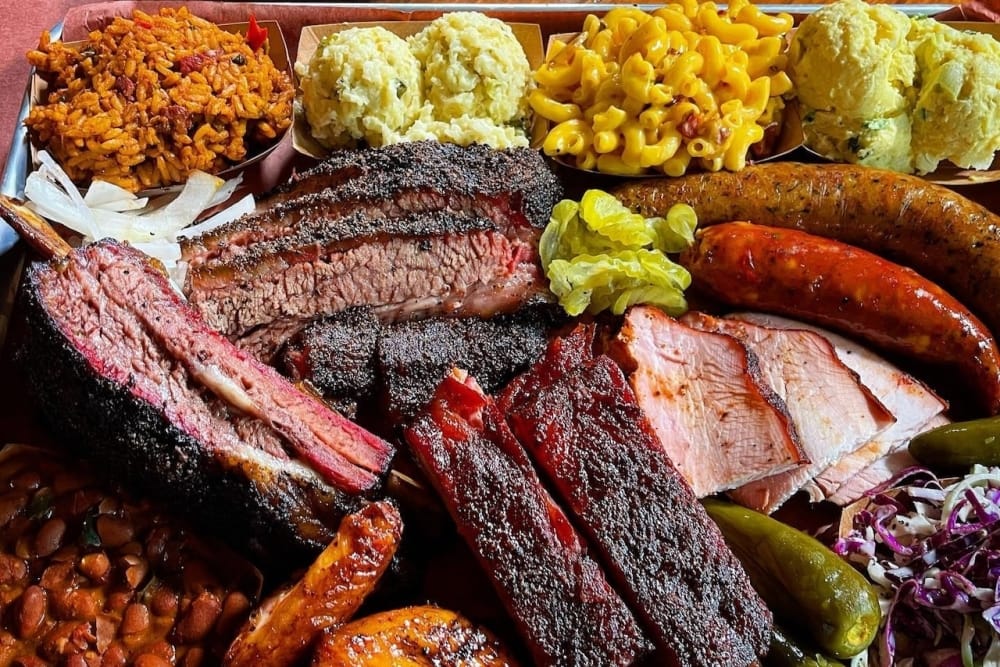A BBQ plate with brisket, sausage and ribs. (Courtesy Pinkerton's Barbecue)